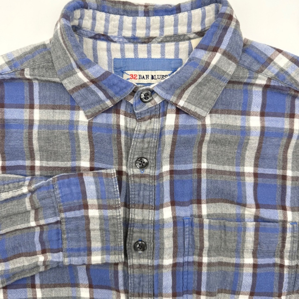 32 Bar Blues Flannel Shirt Mens Medium Blue Grey‎ Plaid Long Sleeve Cotton